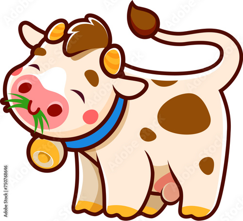 Cute cow cartoon character or mascot eating grass. Cattle animal baby personage, bull comic character or ox cute isolated vector mascot. Cow funny personage with bell on neck, chewing fresh grass
