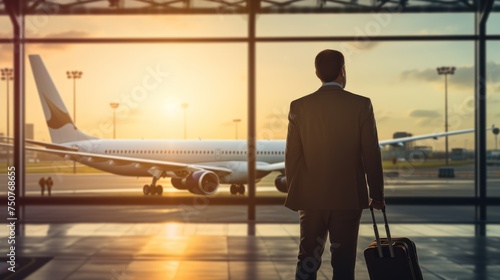 Businessman confidently waits in airport lobby with luggage, smiling and looking successful