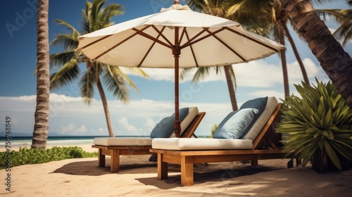 chairs beds under umbrella  beautiful beach landscape 