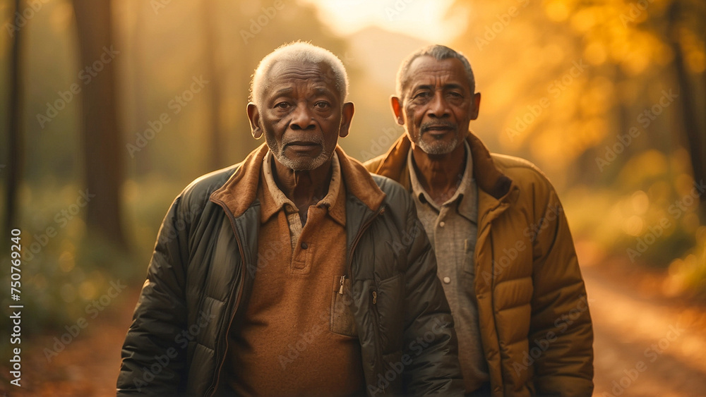 Image of two elderly African-American men with white hair, walking along a forest path at sunset.