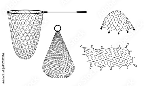 Fishing net and trap, trawl, fish tank and seine, vector fishery and fishing sport equipment. Fisherman rope mesh fishnet and sea water fish traps, hand scoop net and marine ship seine