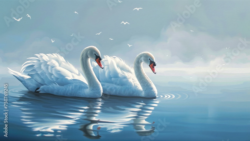 Two mute swans on lake,art
