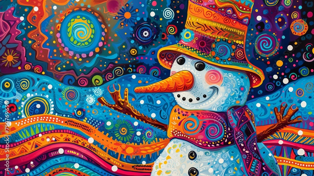 A cheerful snowman against a vibrant, colorful abstract background full of intricate patterns and circles.