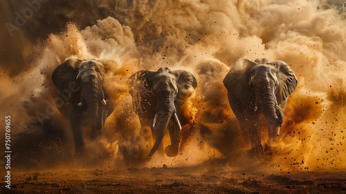 Thunderous Elephant Herd in Dusty Charge © Pornphan