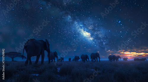 Elephants under the Milky Way on the Savannah © Pornphan