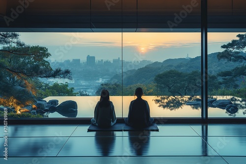 two woman and man meditate at swimming pool side with cityscape view, wellness living leisure theme, Generative Ai photo