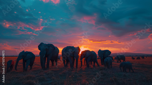 Elephant Herd at Sunset on African Plains © Pornphan