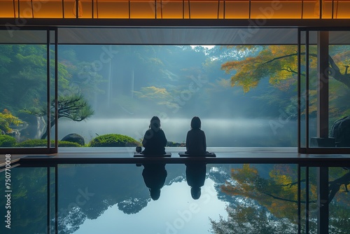 two woman and man meditate at swimming pool side with nature landscape, wellness living leisure theme, Generative Ai photo