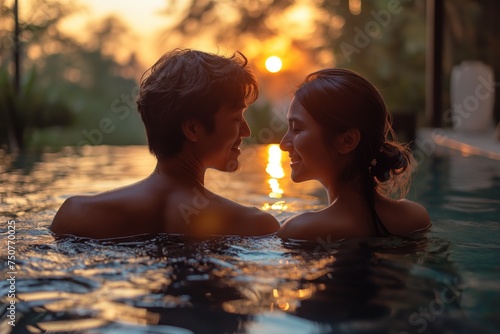 couple lover happy enjoying spend time together in swimming pool at sunset time, Generative Ai