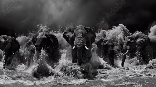 Elephant Herd Charging Through Water in Black and White