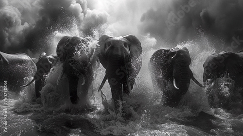 Elephant Herd Majestically Crossing Waters in Black and White © Pornphan