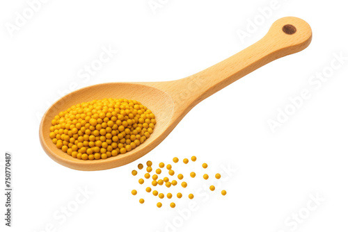Wooden Spoon Filled With Yellow Peas. A wooden spoon sits on a white surface, filled with vibrant yellow peas. The arrangement showcases the contrast between the natural wood and the bright peas.