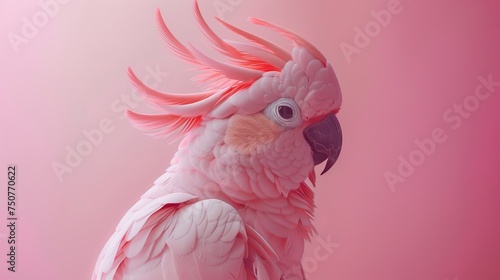 A close-up of a stunning pink cockatoo with its crest raised, posing against a soft pastel pink background photo
