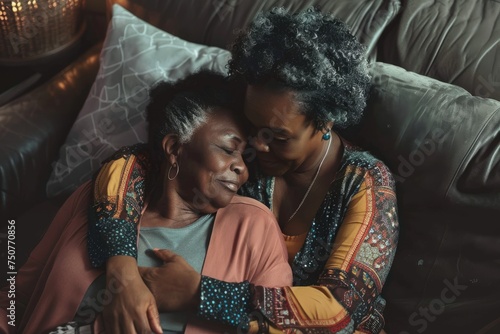 Generations of love: Senior African American woman with adult daughter sharing a tender moment at home - A testament to enduring family bonds - AI generated