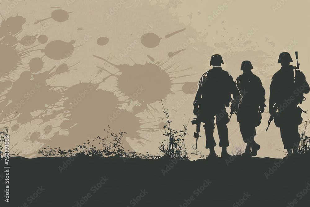 Three soldier silhouettes on brown grunge background