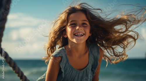 Smiling young girl on a beach, enjoying the summer sun and ocean breeze, radiating joy and beauty 