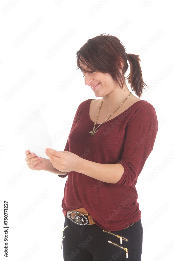 Frau mit Brief, verärgert, lachend, freudig, traurig Frau mit Brief, verärgert, lachend, freudig, traurig