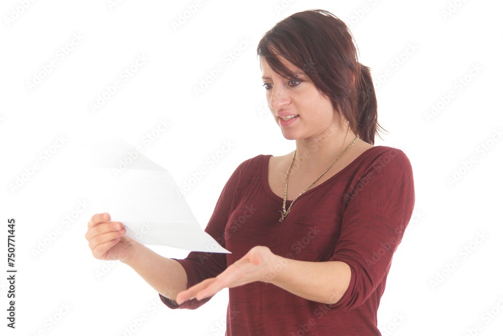 Frau mit Brief, verärgert, lachend, freudig, traurig Frau mit Brief, verärgert, lachend, freudig, traurig