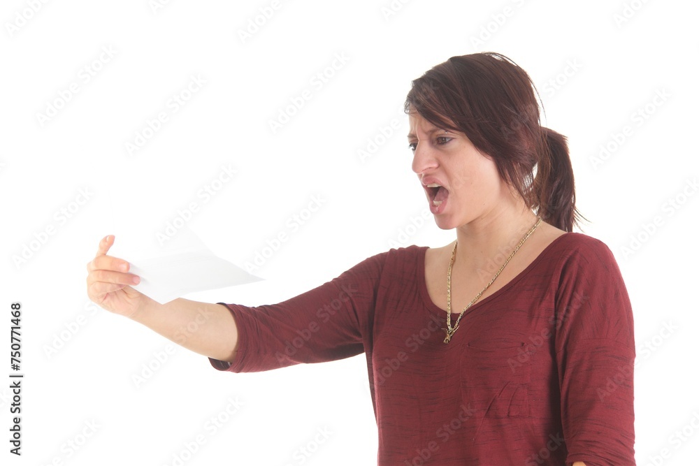 Frau mit Brief, verärgert, lachend, freudig, traurig Frau mit Brief, verärgert, lachend, freudig, traurig