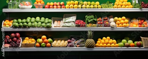 Shelf with fruits in food supermarket