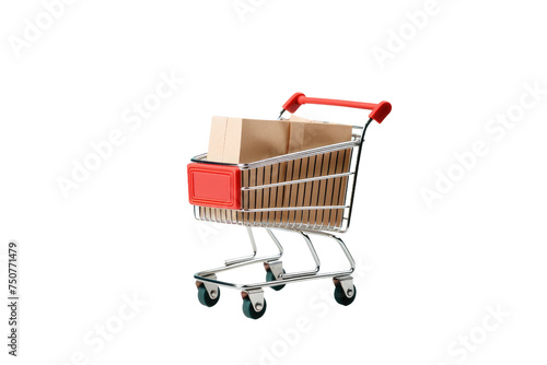 Shopping Cart With Cardboard Box. A shopping cart filled with a single cardboard box, parked in a store aisle. The cardboard box appears to be packed or ready for transport.