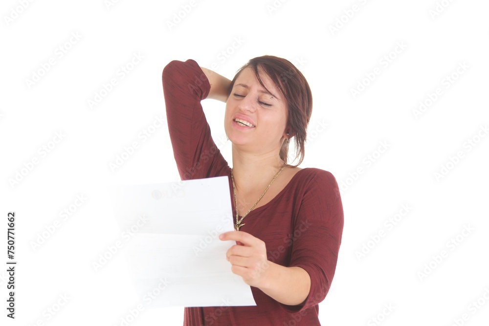 Frau mit Brief, verärgert, lachend, freudig, traurig Frau mit Brief, verärgert, lachend, freudig, traurig
