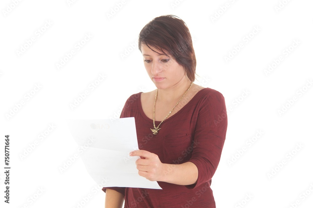 Frau mit Brief, verärgert, lachend, freudig, traurig Frau mit Brief, verärgert, lachend, freudig, traurig