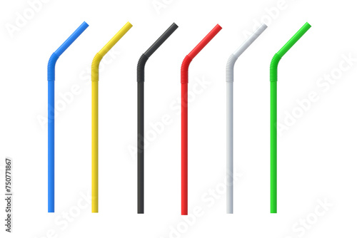 Set of colorful plastic drinking straws isolated on white background. Flexible tube for beverage. Disposable pipe for cocktail. 3d render