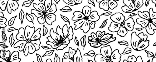 Seamless floral pattern with linear peonies, roses. Hand drawn chinese style black flowers. Doodle botanical wallpaper. Black ink sketch peonies with leaves. Flourish garden texture. 