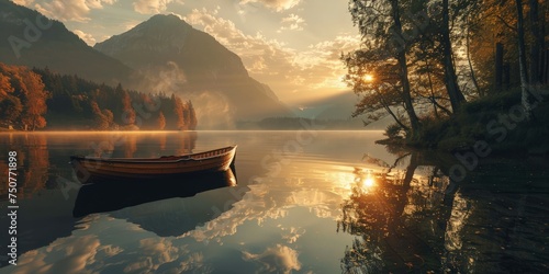 A boat calmly floats on the peaceful waters of a tranquil lake, surrounded by a lush forest on a sunny day. © pham