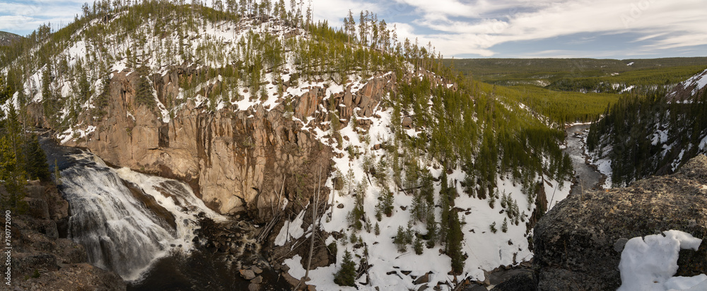 Panoramic view of a snowy waterfall in Yellowstone Panoramic view of a snowy waterfall in Yellowstone