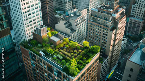 A cityscape with a rooftop garden on top of a building. The garden is filled with trees and plants, creating a peaceful and serene atmosphere. The city skyline is visible in the background