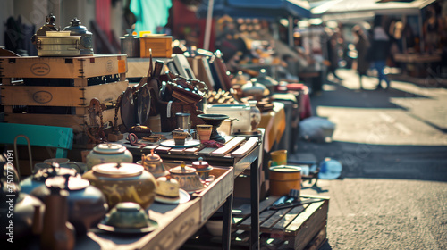 A street market with a variety of items for sale, including a few teapots. The atmosphere is lively and bustling with people walking around and browsing the items photo