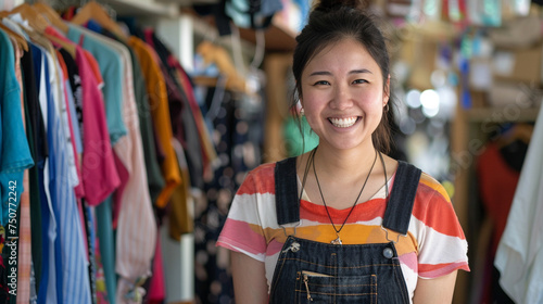 An Asian young woman is smiling in front of a rack of clothes. She is wearing a striped shir photo