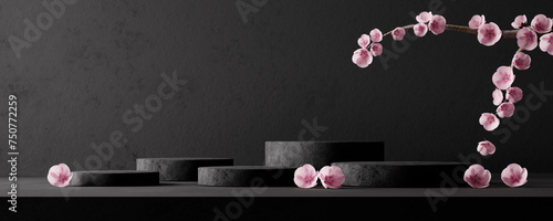 Black marble product podium with cherry blossom flowers on dark concrete background wall