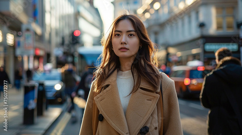 A woman wearing a scarf stands in the middle of a busy city street. She is the only person in the image, and she is looking at the camera. The scene is bustling with activity