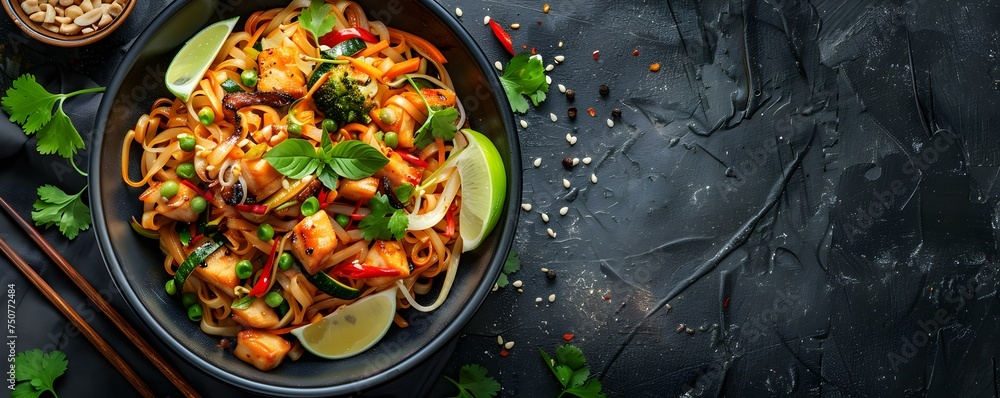 Spicy vegetarian Pad Thai dish captured from the top A diverse and colorful presentation of a spicy vegetarian Pad Thai dish captured from an overhead angle. Concept Food Photography, Overhead Angle Spicy vegetarian Pad Thai dish captured from the top A diverse and colorful presentation of a spicy vegetarian Pad Thai dish captured from an overhead angle. Concept Food Photography, Overhead Angle