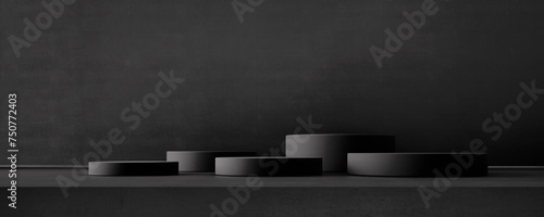 Black podium stand for product placement mockup. Dark podium exhibition scene background. Minimal round platform showroom with spot light. © hitdelight