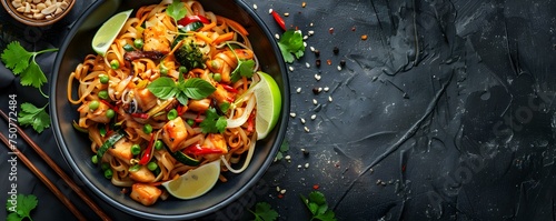 Spicy vegetarian Pad Thai dish captured from the top A diverse and colorful presentation of a spicy vegetarian Pad Thai dish captured from an overhead angle. Concept Food Photography, Overhead Angle