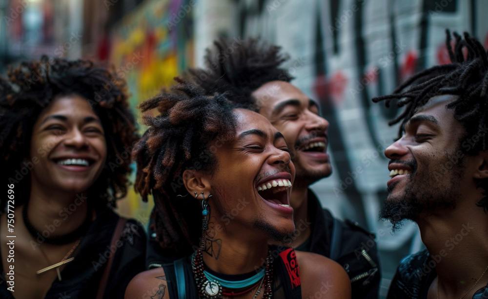 Friends Laughing Together in Urban Graffiti Background Friends Laughing Together in Urban Graffiti Background