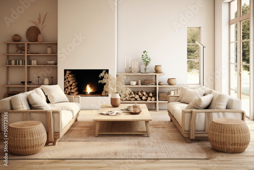 A welcoming Scandinavian-inspired living room featuring warm beige accents, cozy seating arrangements, and natural wood finishes.