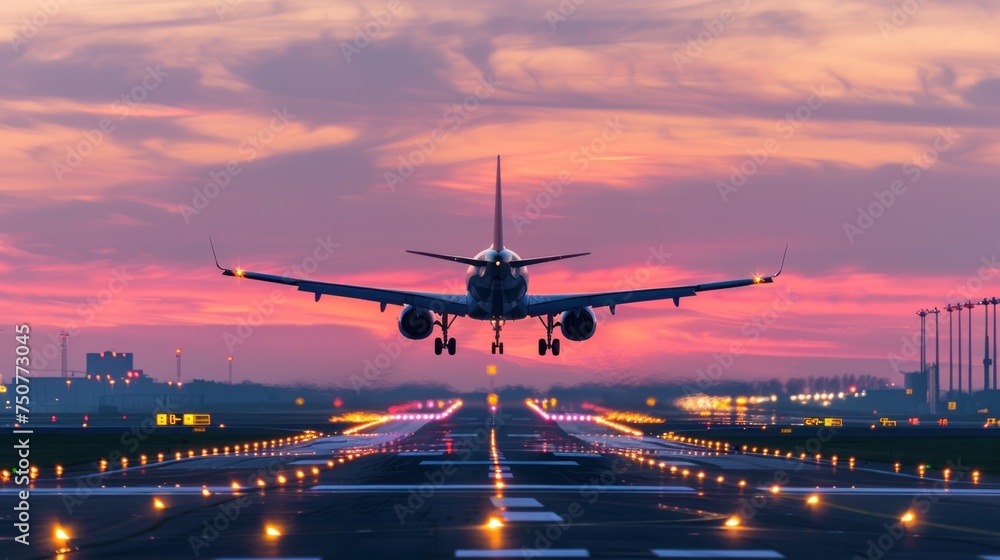 Air transportation concept,Jet airplane silhouette landing during sunset. Air transportation concept,Jet airplane silhouette landing during sunset.