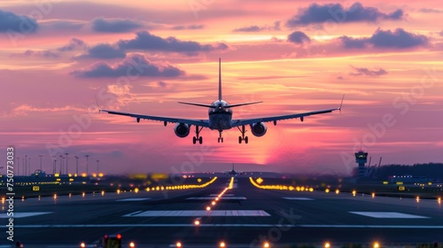 Air transportation concept,Jet airplane silhouette landing during sunset. 