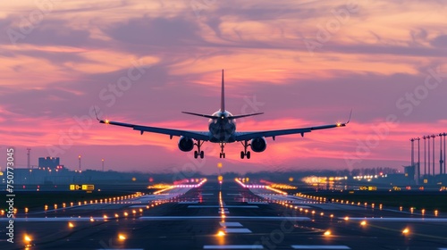 Air transportation concept,Jet airplane silhouette landing during sunset. 