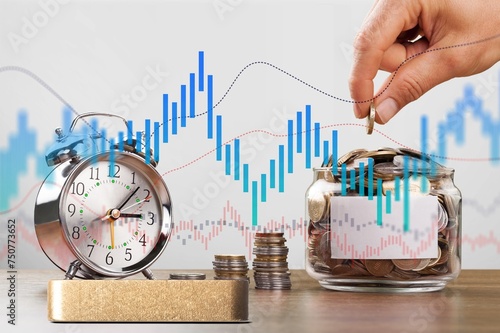 Stock S&P 500 symbol in stack coins. Business concept. photo