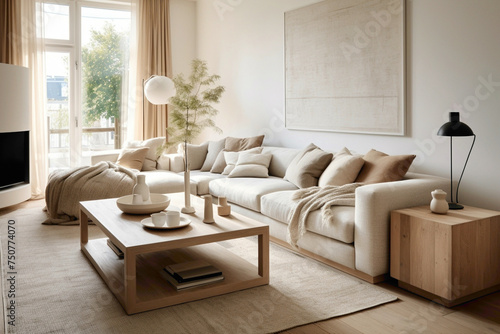 A serene beige living room with sleek, modern Scandinavian design elements, featuring clean lines and ample natural textures.