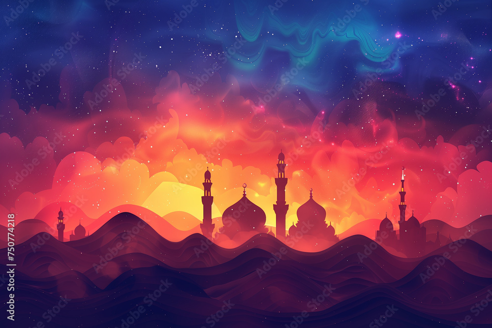 Fototapeta premium Abstract wavy orange background with mosque.