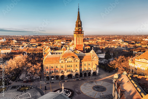 Aerial view of a famous Subotica town hall as a symbol of the city history and architectural heritage, with its red facade and elegant clock tower drawing visitors and tourists to Serbia