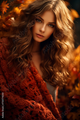 Cozy Autumn woman. Falling leaves backdrop. Park, nature, outdoor. Decoration Halloween background.