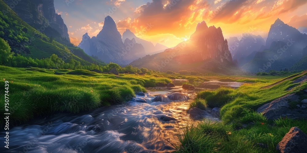 A clear stream winds its way through a vibrant, green valley, surrounded by lush foliage and rolling hills under a sunny sky.